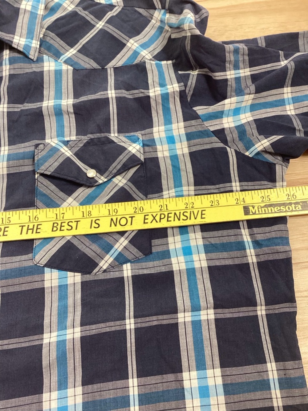 Y2K Wrangler Navy & Light Blue Plaid Pearl Snap Shirt XL‎ Western Cowboy Rodeo - Picture 5 of 8